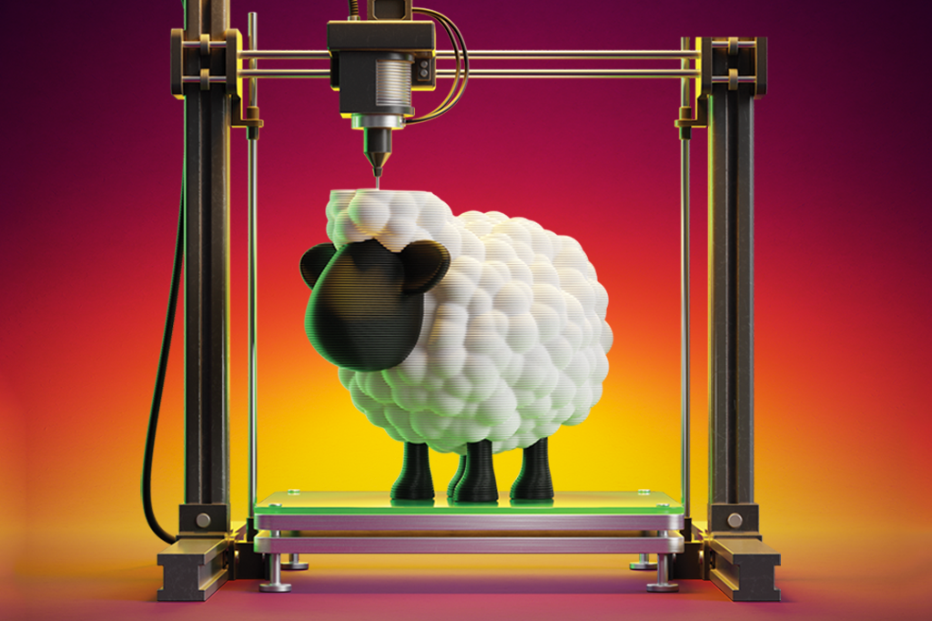 Ilustração 3D de uma ovelha sendo impressa em 3D.