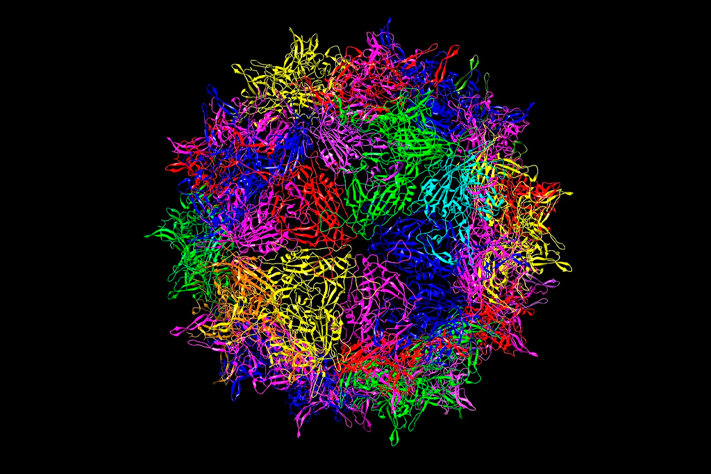 Um esquema de diagrama de fita para ilustrar o vírus, em fundo preto.