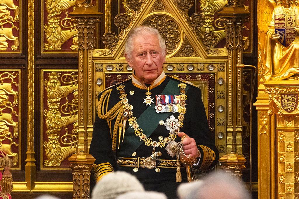 Foto do rei Charles durante a abertura estadual do Parlamento na Câmara dos Lordes.