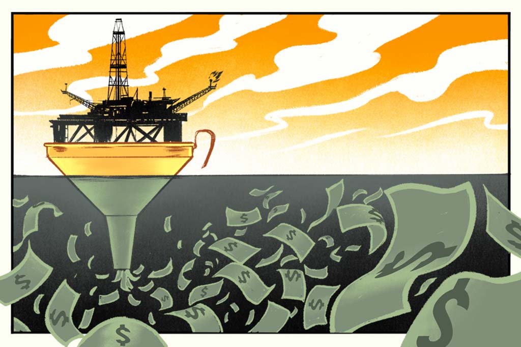 Ilustração de uma petroleira dentro de um funil que libera notas de dinheiro na água.