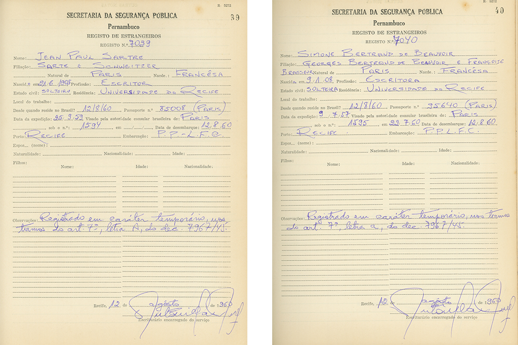 Certificados de imigração para o Brasil de Jean-Paul Sartre e Simone de Beauvoir.