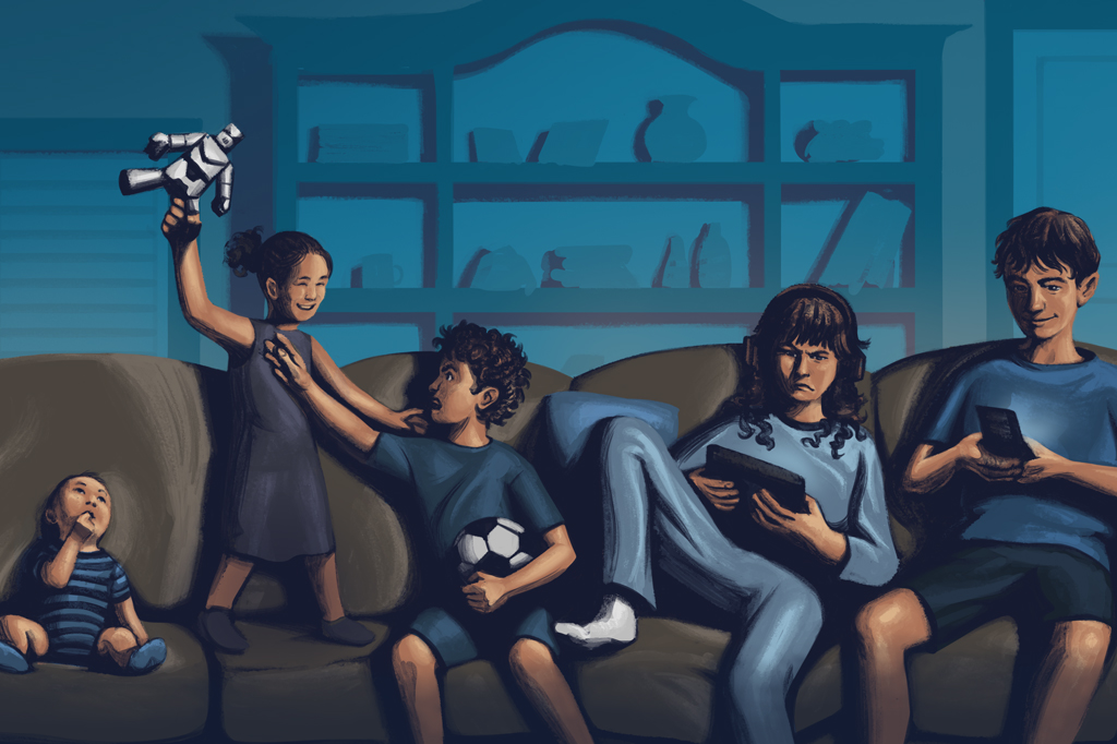 Ilustração de crianças sentadas em um sofá.