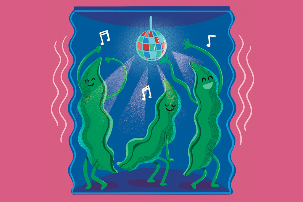 Ilustração de 3 vagens de ervilha dançando dentro da lata.