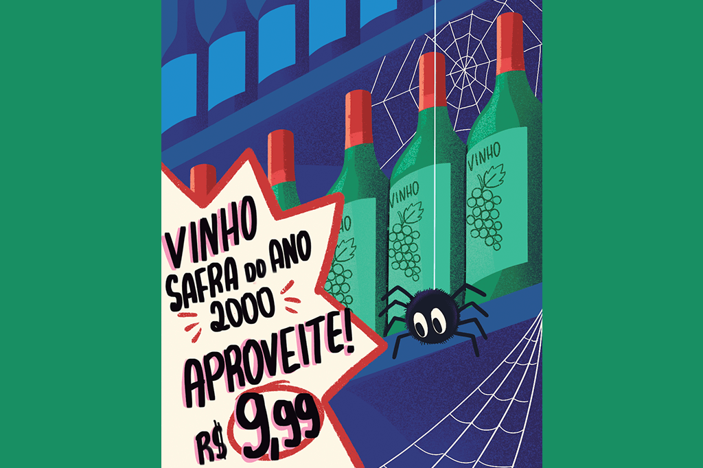 Ilustração de uma gôndola de mercado com vinhos velhos e teias de aranha.