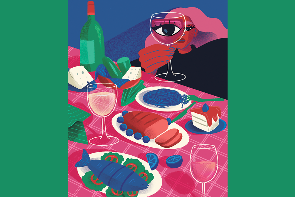 Ilustração de uma mulher em um banquete e olhando através de uma taça de vinho.