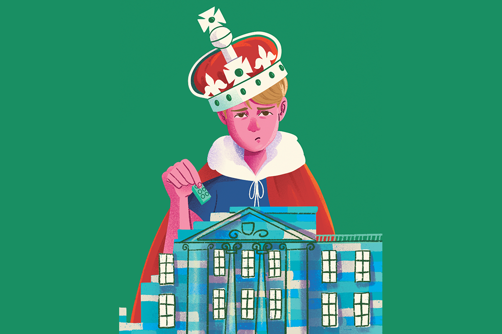 Ilustração de George usando a coroa de rei e montando o lego do Palácio de Buckingham.