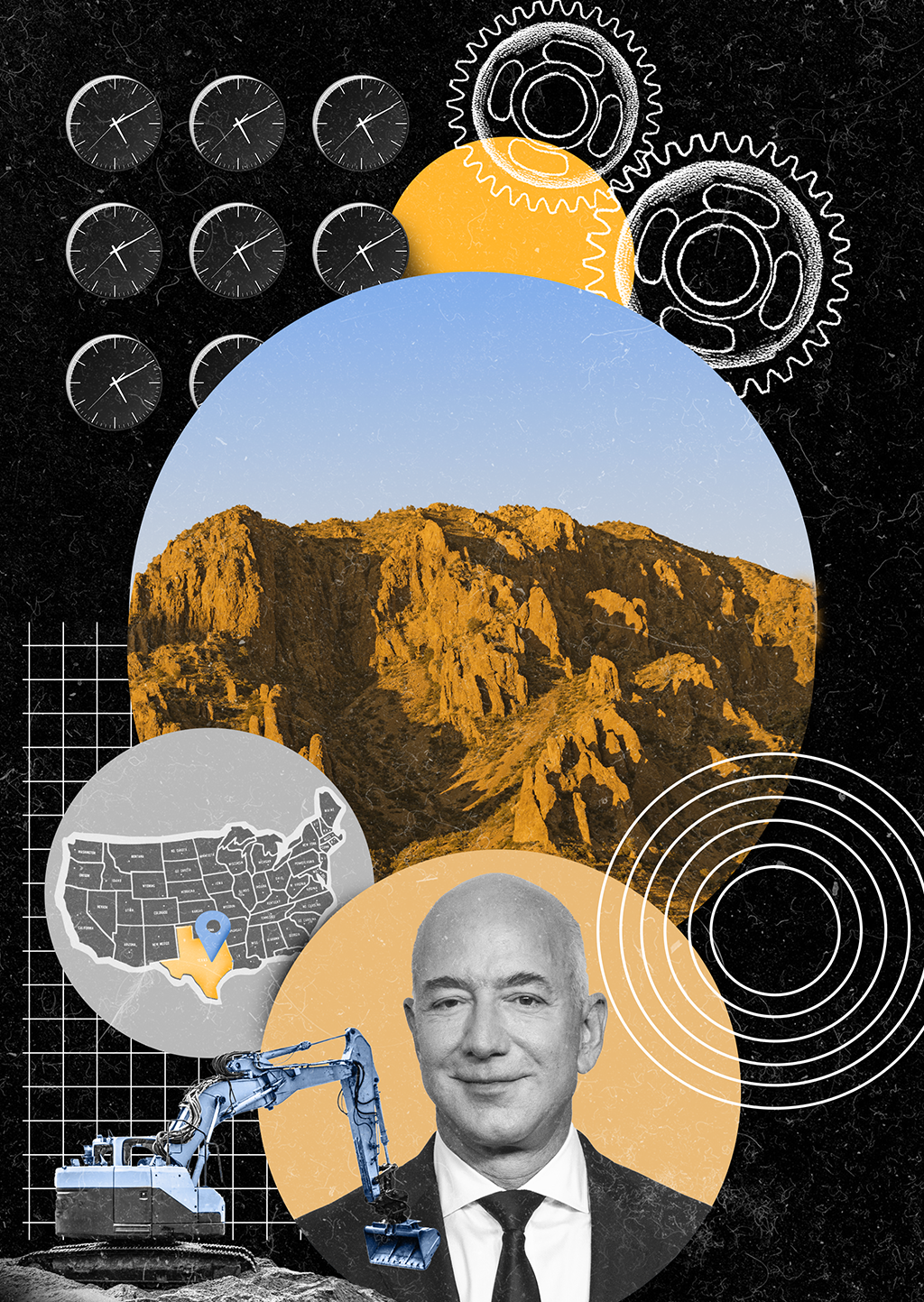 Colagem com uma montanha, relógios, escavadeira, engrenagens e Jeff Bezos.