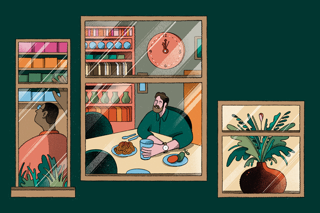 Ilustração de pessoa autista atrás de janela fechada com vidro almoçando meio dia em ponto. Em outra janela, outra pessoa organiza uma série de caixas por cor.