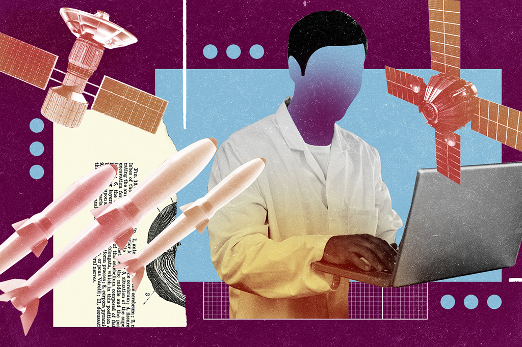 Colagem com cientista mexendo em computador com satélites e mísseis nucleares ao redor.