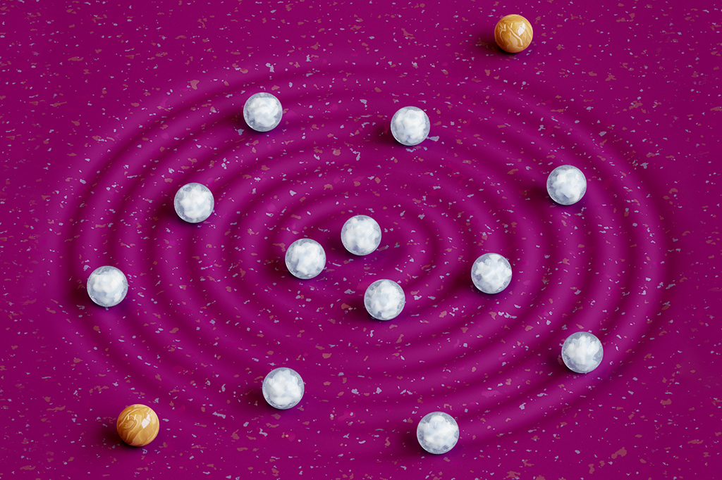 Ilustração 3D de bolinhas de gude representando os corpos celestes do Sistema Solar e dois meteoritos interestelares.
