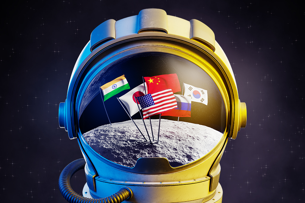 Ilustração 3D de bandeiras de diversos países fincadas no solo lunar, refletido em capacete de traje espacial.