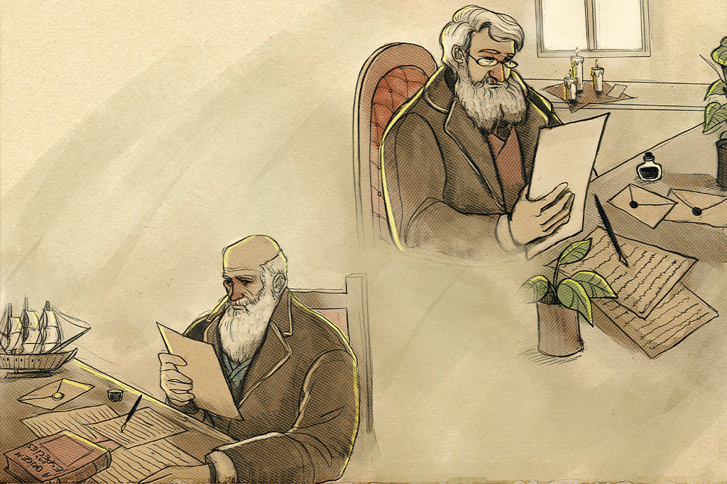 Alfred Wallace e Darwin trocando correspondências, cada um em um cenário diferente. Ambos estão retratados mais velhos, com barbas e cabelos brancos.