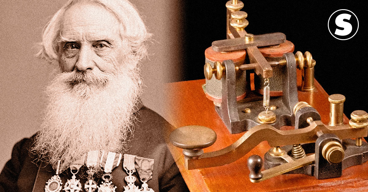 Montagem com duas fotografias: à esquerda, Samuel Morse, inventor do código; à direita, um telégrafo.