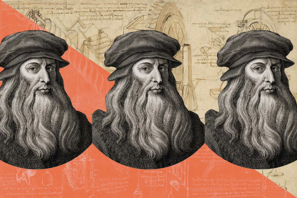 Colagem de imagens do Codex e busto de Leonardo Da Vinci.