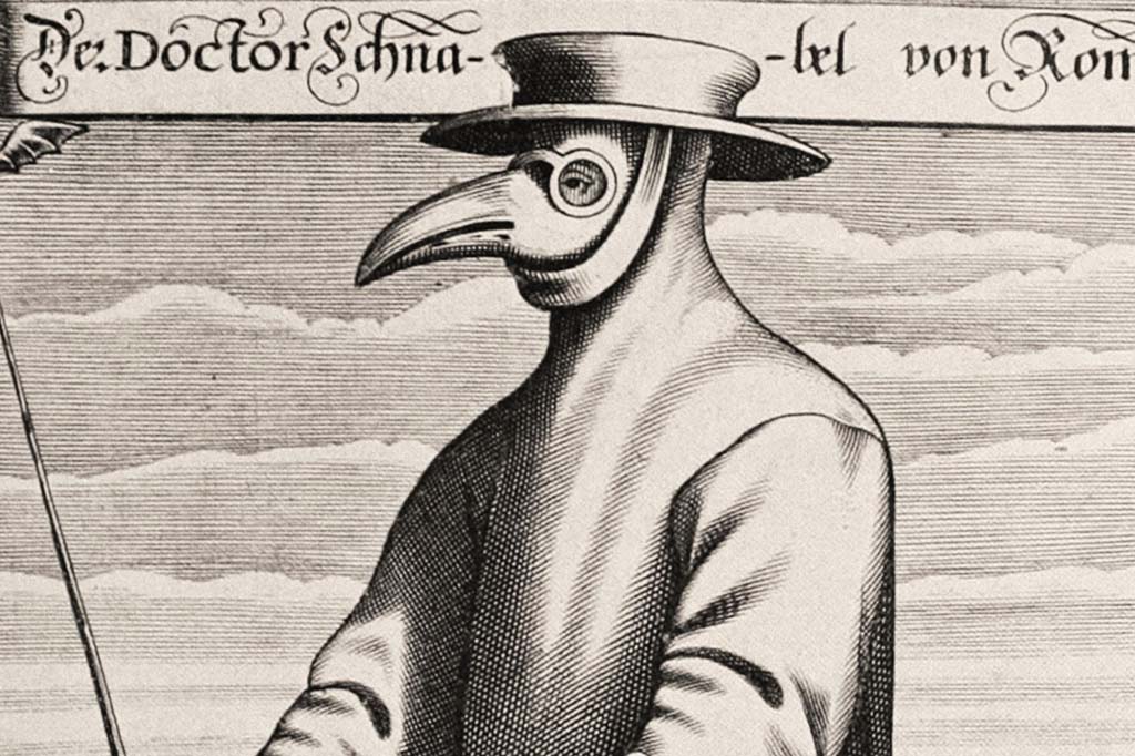 Ilustração de uma pessoa usando máscara em formato de bico de pássaro durante a Peste Negra.