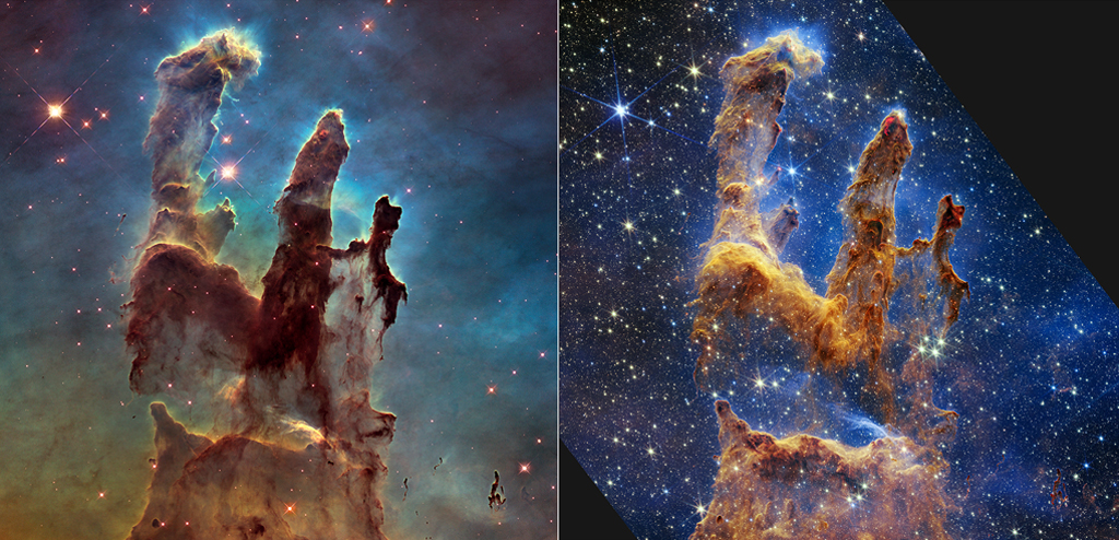 Duas imagens dos Pilares da Criação: à esquerda, capturada pelo Hubble e, à direita, pelo James Webb.