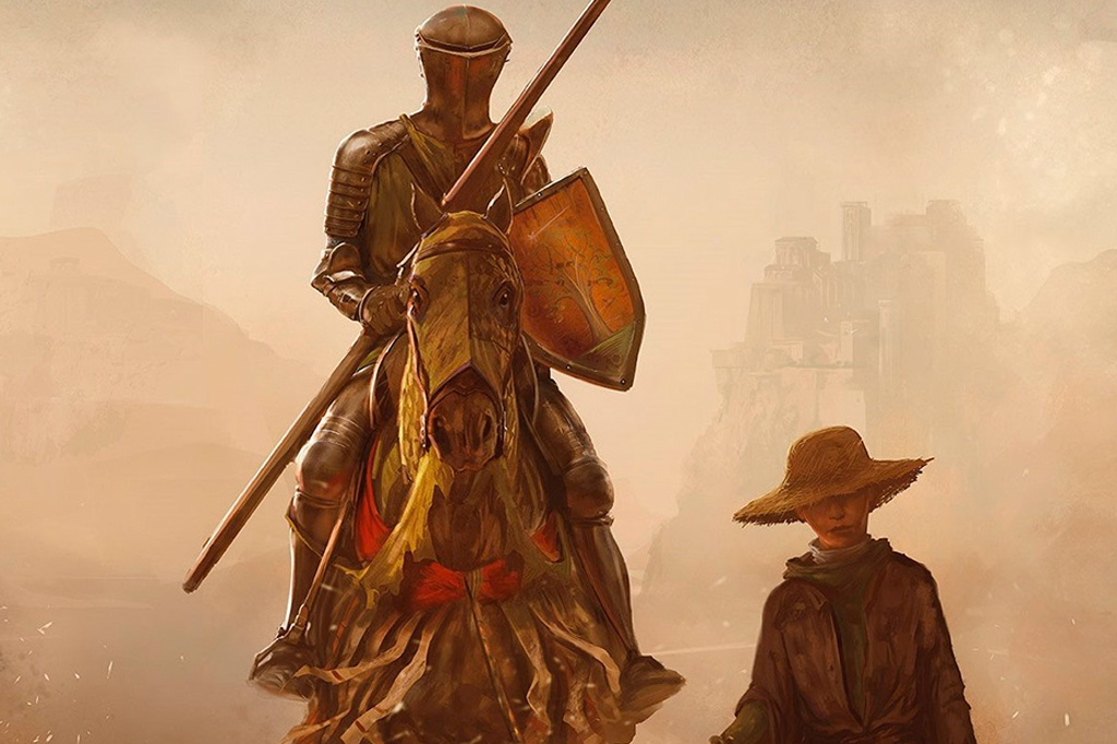 Ilustração de um cavaleiro e um menino com chapéu de palha.