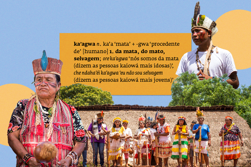 Colagem com foto dos kaiowá e a definição do Dicionário Kaiowá–Português.