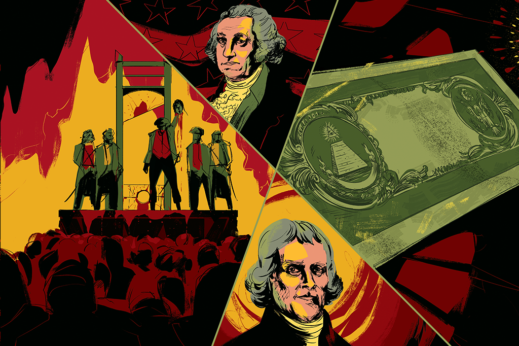 Ilustração de 4 elementos dentro de triângulos: uma cena da Revolução Francesa com execuções na guilhotina, George Washington, a nota de dólar e Thomas Jefferson.