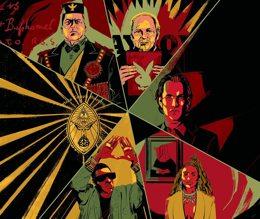 Ilustração de 6 elementos dentro de triângulos: símbolo da Ordo Templi Orientis, retrato de Aleister Crowley, retrato de Robert Anton Wilson segurando uma revista Playboy, retrato de Tom Hanks, retrato da Beyoncé no Louvre e do Jay-Z fazendo um símbolo com as mãos.