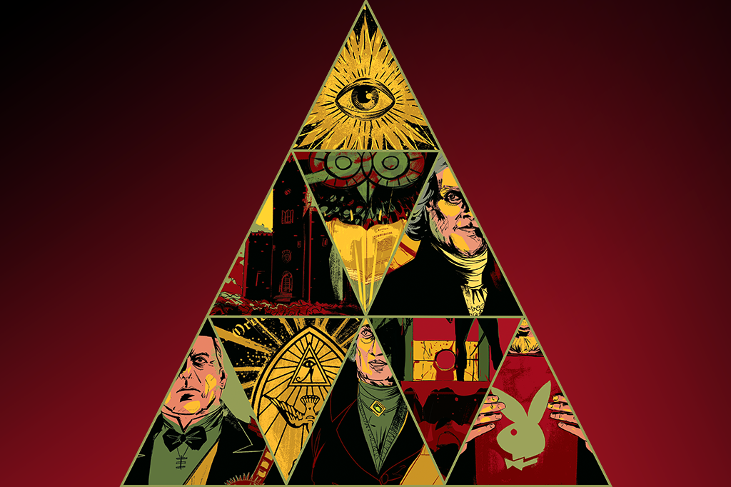 Ilustração de uma pirâmide formada por vários triângulos com cenas e pessoas. No topo, a ilustração de um olho.