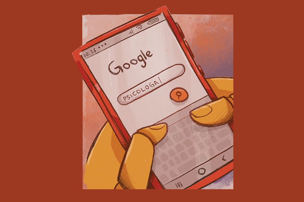 Ilustração de uma pessoa pesquisando por psicóloga no Google, no celular.