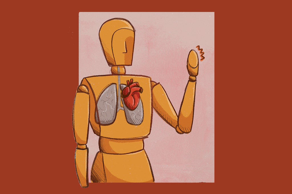 Ilustração de um manequim com destaque para pulmões, coração e mãos tremendo.