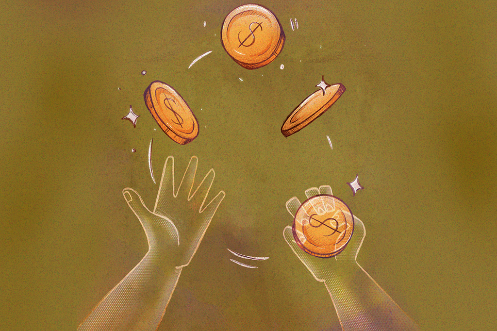 Ilustração de duas mãos invisíveis fazendo malabarismo com moedas.