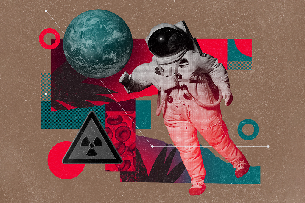 Colagem com astronauta, planeta Terra e símbolo de radiação.