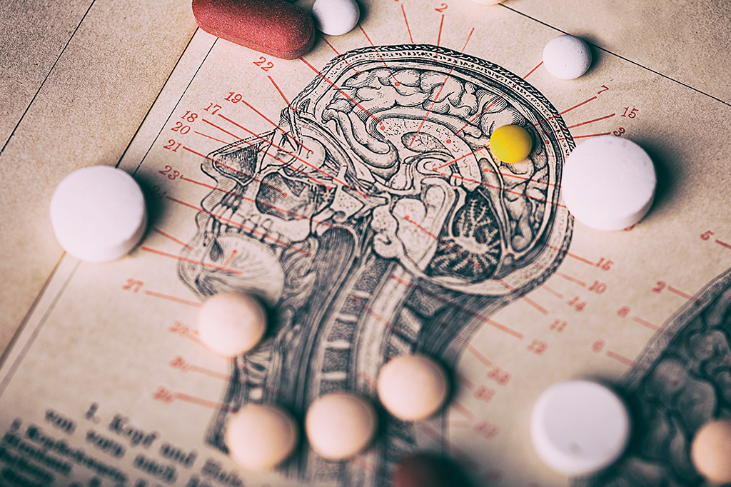 Esquema científico ilustrado, da região cerebral, com pílulas de remédio em volta.