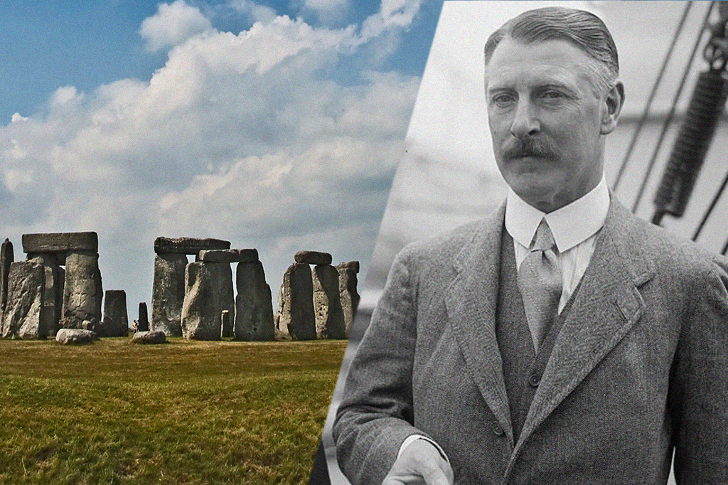 Montagem com fotografias do monumento Stonehenge e do comprador, Sir Cecil Chubb.