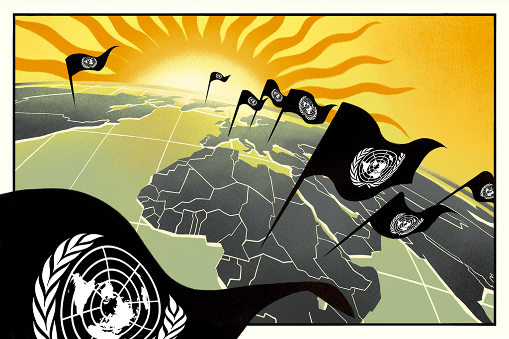 Ilustração de um mapa com bandeiras da ONU em alguns países e o sol ao fundo.