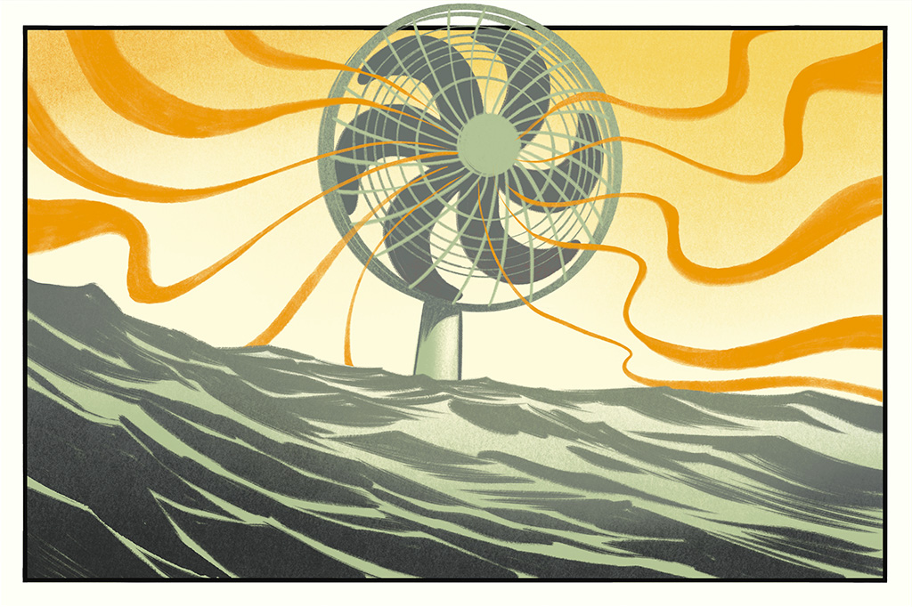 Ilustração mostrando um enorme ventilador no meio do mar.