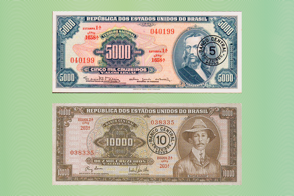 Nota de 5000 cruzeiros, com a imagem de Tiradentes e nota de 10000 cruzeiros com a imagem de Santos Dumont.