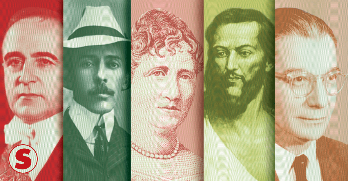Montagem com fotos de Getúlio Vargas, Santos Dumont, Princesa Isabel, Tiradentes e Anísio Teixeira.