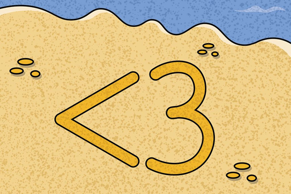 Ilustração do símbolo de coração escrito na areia da praia.