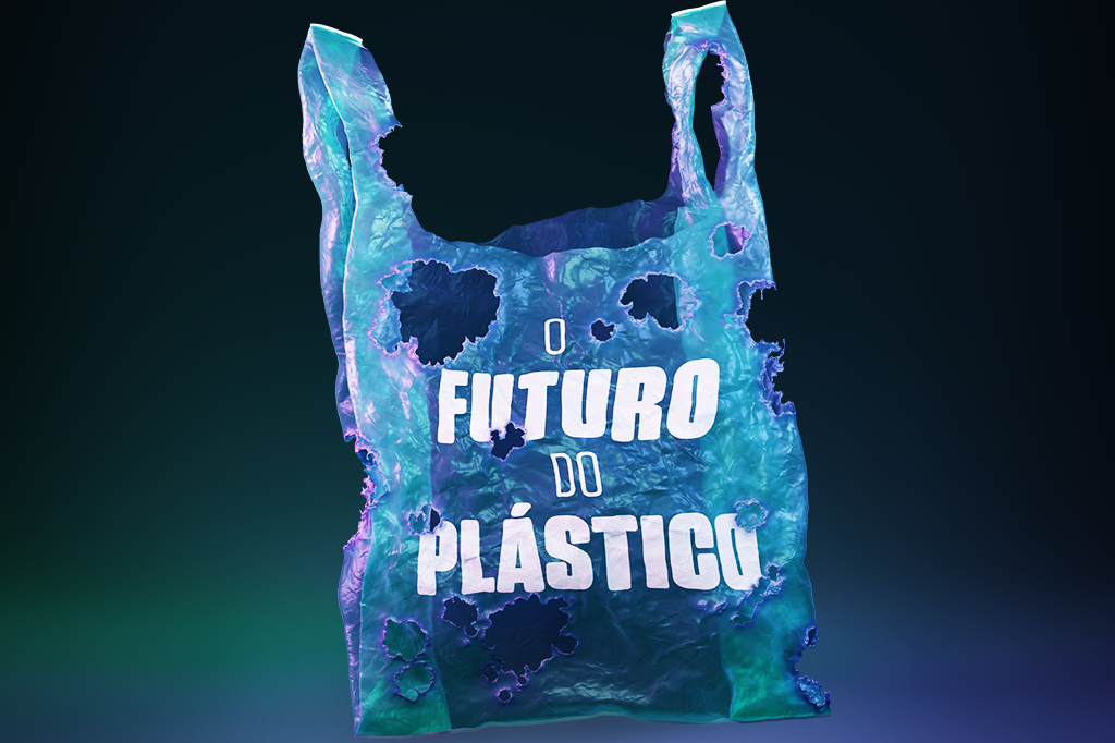 Ilustração 3D de uma sacola de plástico cheia de buracos com o título "o futuro do plástico".