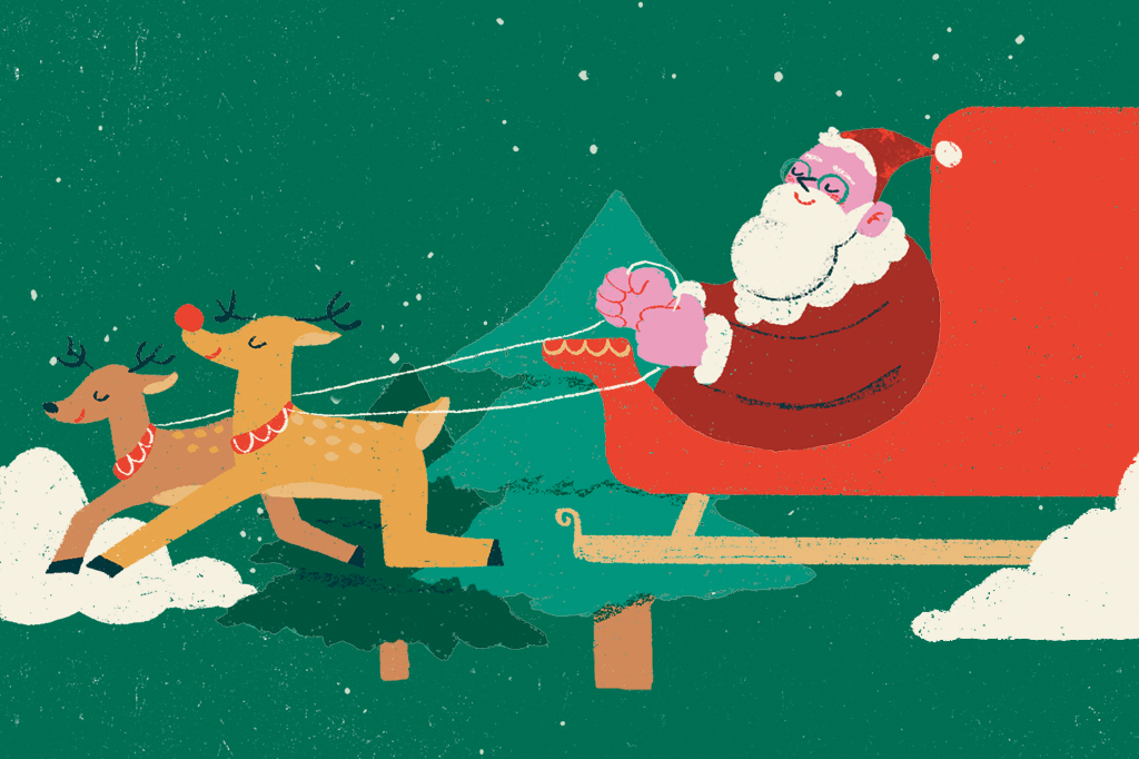 Ilustração do Papai Noel no trenó com 2 renas.