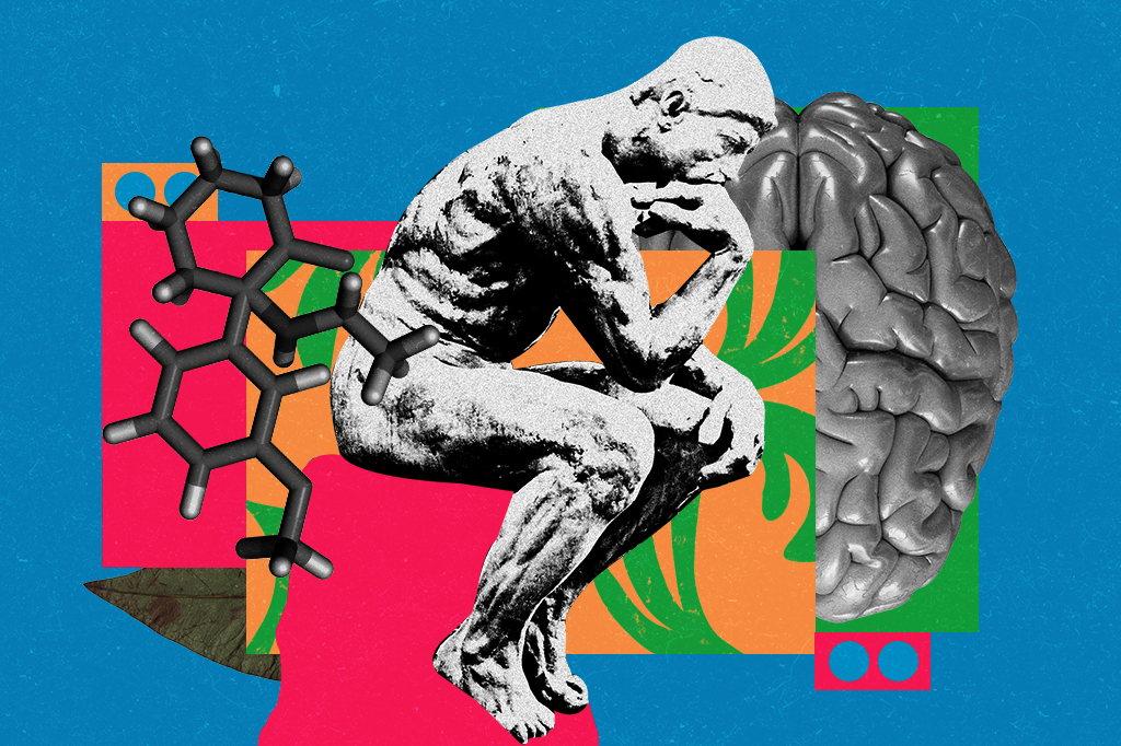 Colagem com elementos: estátua do Rodin, cérebro e molécula de cetamina.