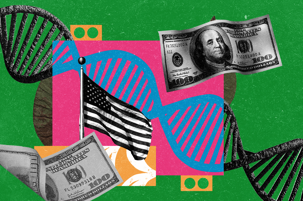 Colagem com elementos: DNA, notas de dólares americanos e a bandeira dos EUA.