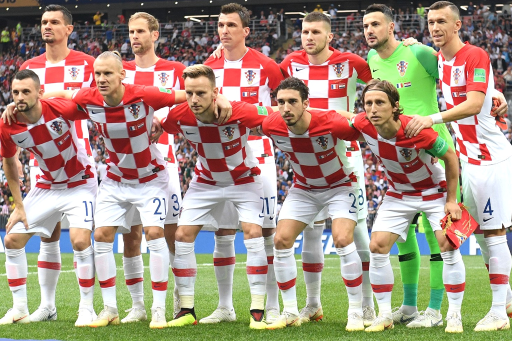 Jogadores do time croata posando para foto, na final da Copa do Mundo de 2018, na Rússia.