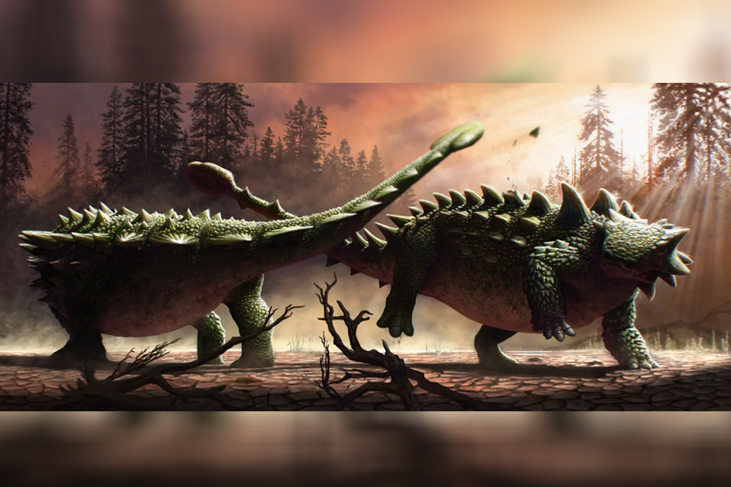 Ilustração dos dinossauros em batalha.