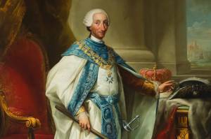 De onde vêm as cores da bandeira e da camisa da seleção argentina? Um retrato de Carlos III com o hábito da sua ordem, no Palácio Real de Madri, pintado por Mariano Salvador Maella, em 1783-1784.
