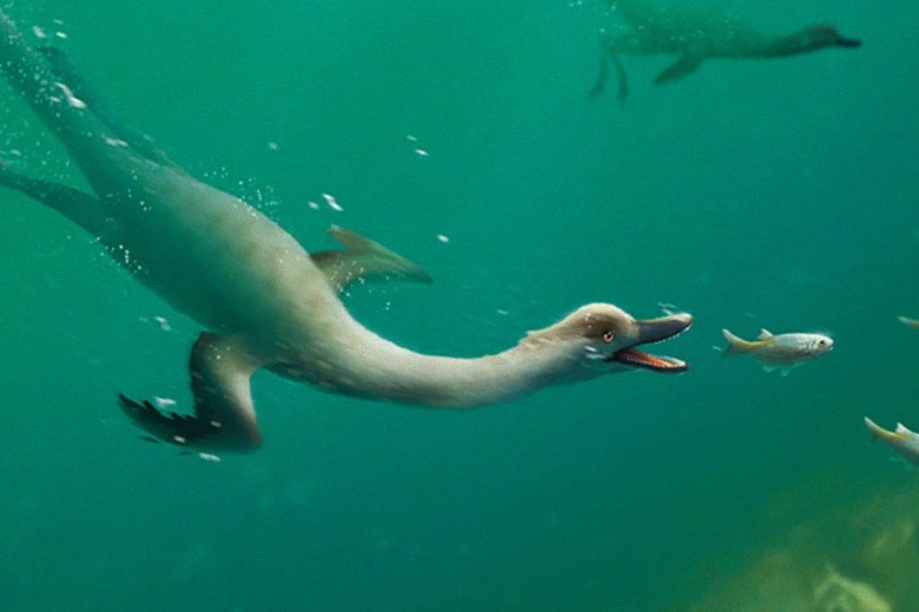 Ilustração mostrando como seria o dinossauro Natovenator polydontus. Na imagem, podemos ver o animal mergulhando em busca de peixes.