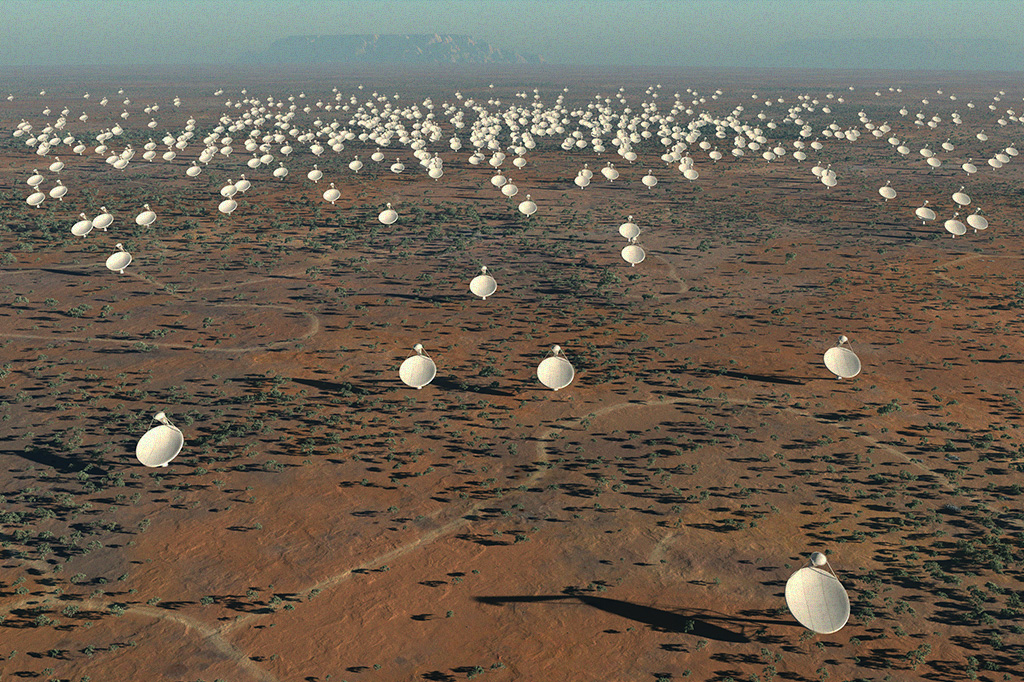 Imagem mostrando o projeto do Square Kilometre Array, com várias antenas implantadas em uma grande área deserta.
