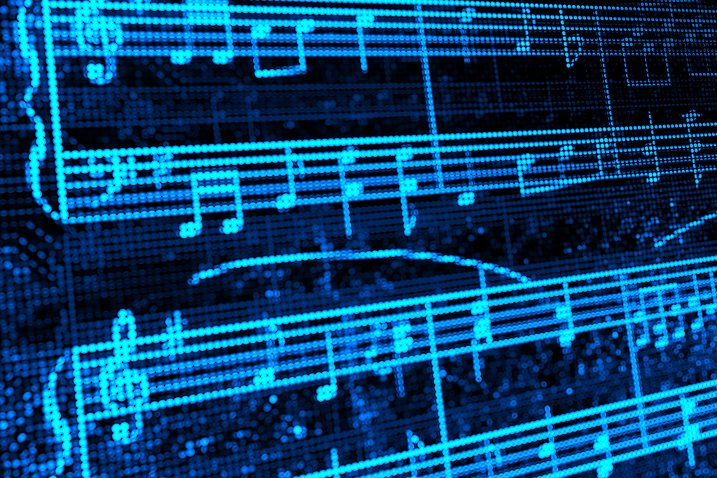 Imagem de uma partitura musical formada por pixels.