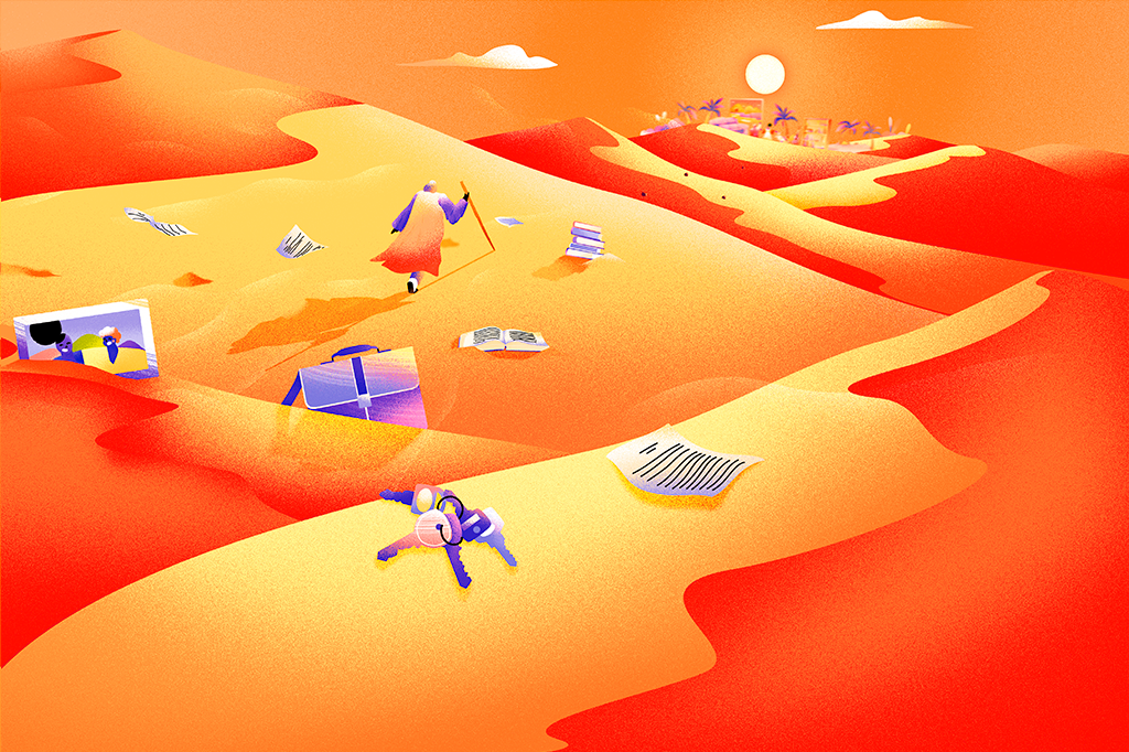 SI_447_Felicidade_02 Ilustração de uma pessoa atravessando o deserto em direção a uma miragem, com vários objetos ao longo do caminho.