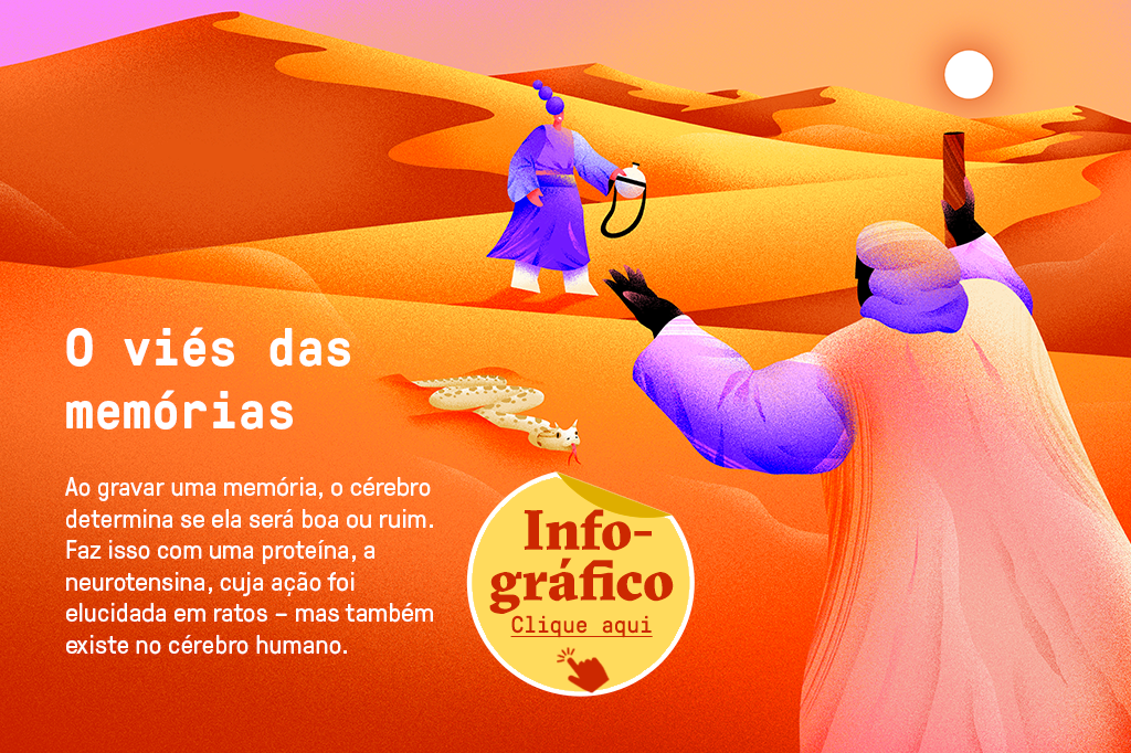 Ilustração de uma pessoa encontrando uma pessoa que lhe oferece água no deserto e, perto dessa pessoa, há uma cobra.