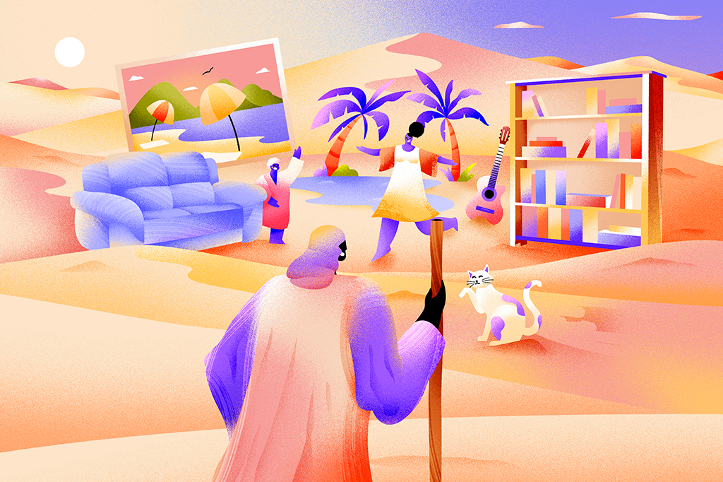 SI_447_Felicidade_06 Ilustração da pessoa chegando ao oásis da miragem, que além de água e sombra também tem um sofá, uma estante cheia de livros, duas pessoas, um gato, um violão e o quadro de uma paisagem.