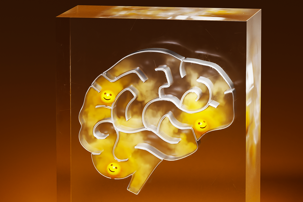 Ilustração 3D de um cérebro de acrílico dentro de um bloco e 3 carinhas felizes dentro dele.